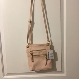 Baby pink cross body bag with gold embellishments!